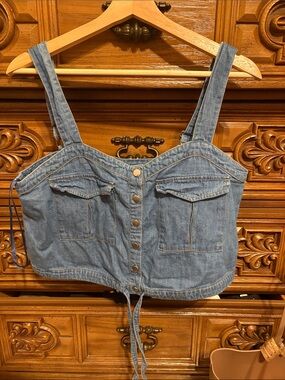 Free People Light Blue Denim Crop Button Tank